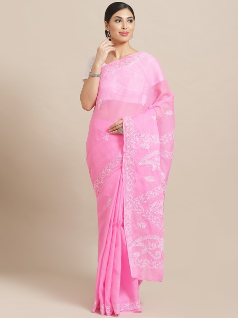 

ADA Pink Pure Cotton Chikankari Embroidered Saree