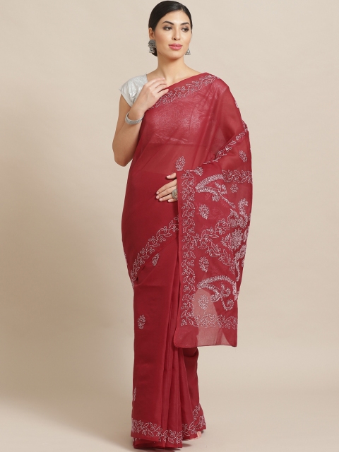 

ADA Maroon & White Chikankari Hand Embroidered Sustainable Handloom Saree