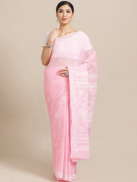 

ADA Pink & White Pure Cotton Chikankari Embroidered Saree