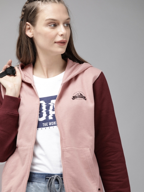 

Roadster Women Pink & Maroon Colourblocked Hooded Sweatshirt