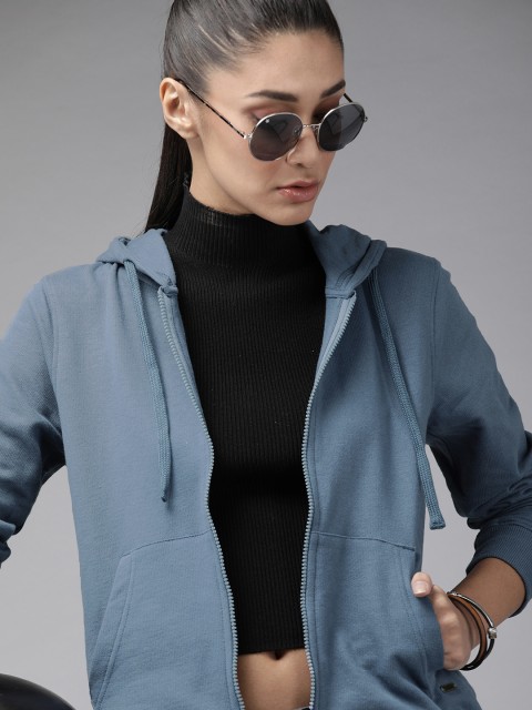 

Roadster Women Blue Solid Pure Cotton Hooded Sweatshirt