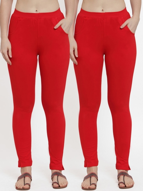 

TAG 7 Women Pack Of 2 Red Solid Ankle-Length Straight-Fit Leggings