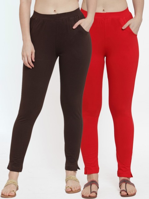 

TAG 7 Women Pack Of 2 Solid Ankle-Length Straight-Fit Leggings, Red