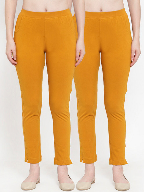 

TAG 7 Women Pack Of 2 Mustard Yellow Solid Straight-Fit Ankle-Length Leggings