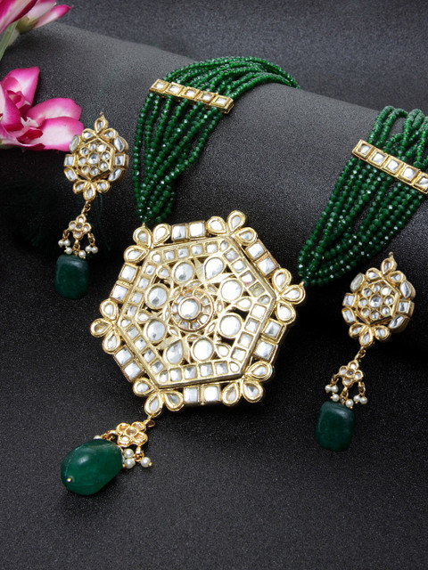

DUGRISTYLE Women Gold-Plated & Green Artificial Kundan Beaded Jewellery Set