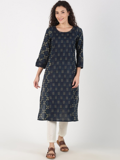 

Saffron Threads Women Navy Blue & Khaki Printed Straight Kurta