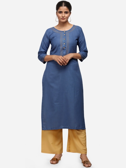 

Silk Bazar Women Blue Yoke Design Straight Kurta