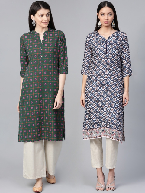 

Sangria Women Pack of 2 Blue & Green Printed Straight Kurtas