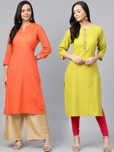 

Sangria Women Pack of 2 Green & Rust Orange Solid Straight Kurtas