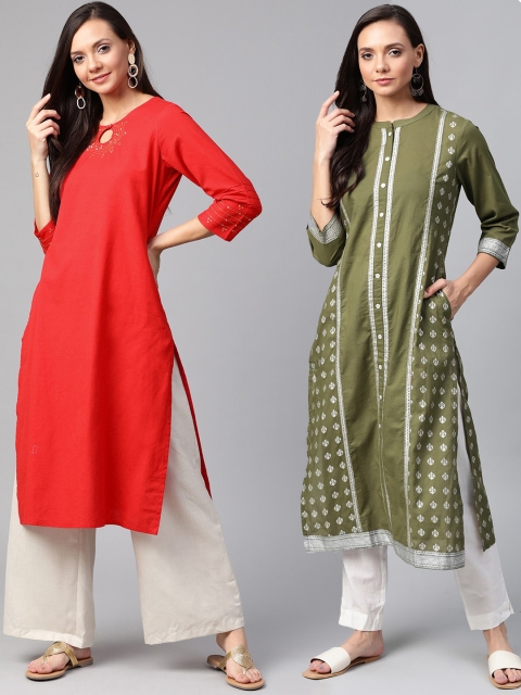 

Sangria Women Pack of 2 Red & Olive Green Straight Kurtas