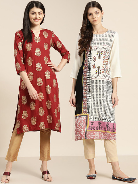 

Sangria Women Pack of 2 Printed Straight Kurtas, Off white