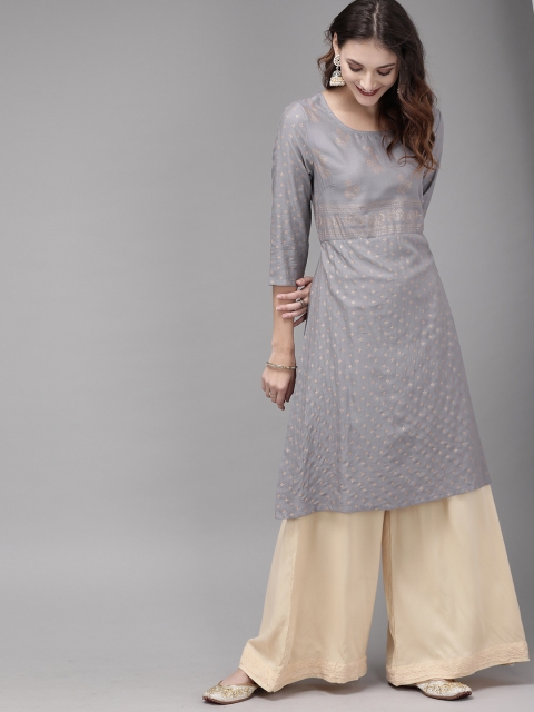 

Anouk Women Grey & Gold-Toned Printed A-Line Kurta