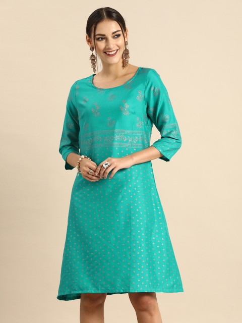 

Anouk Women Green & Gold-Coloured Floral Printed A-Line Dress