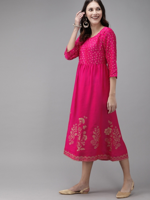 

Anouk Women Pink & Gold-Toned Printed A-Line Dress