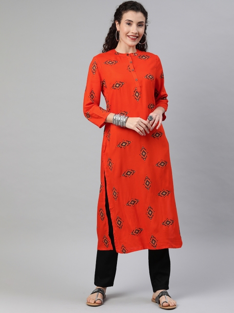 

Anouk Women Orange & Black Foil Printed Kurta with Trousers