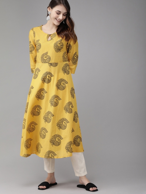 

Anouk Women Mustard Yellow & Off-White Printed Kurta with Trousers