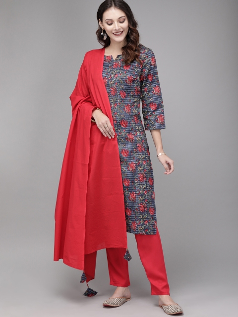 

Anouk Women Blue & Red Printed Kurta with Trousers & Dupatta