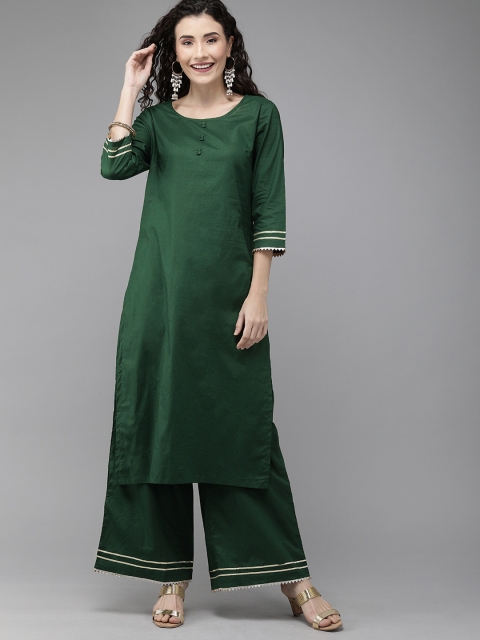 

Anouk Women Green Solid Zari Detailed Kurta with Palazzos