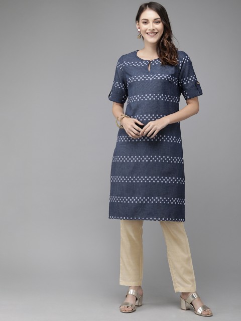 

Anouk Women Navy Blue & Beige Printed Kurta with Trousers
