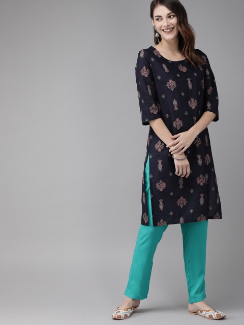 

Anouk Women Navy Blue & Beige Printed Kurta with Trousers