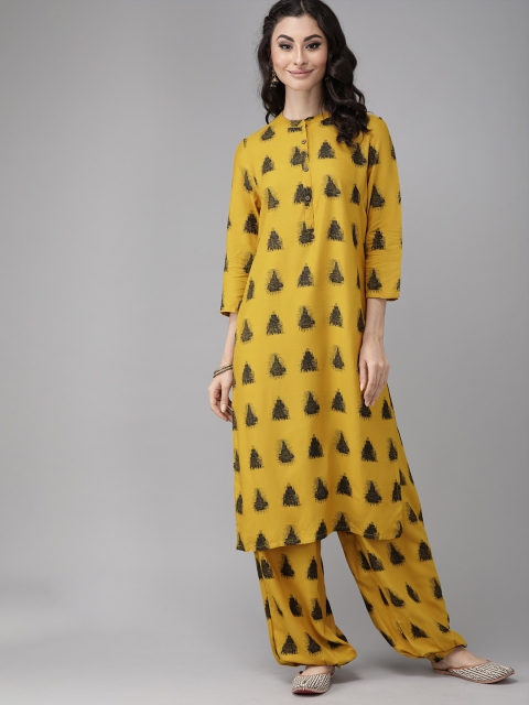 

Anouk Women Mustard Yellow & Black Printed Kurta with Trousers