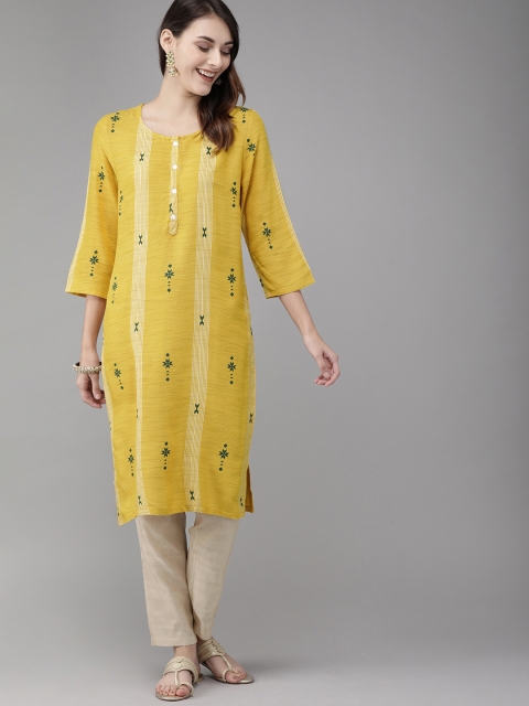 

Anouk Women Mustard Yellow & Beige Printed Kurta with Trousers
