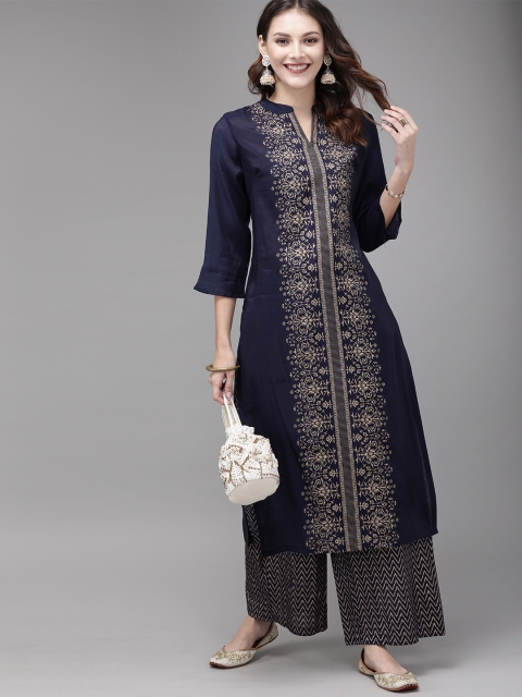 

Anouk Women Navy Blue & Gold-Toned Printed Straight Kurta