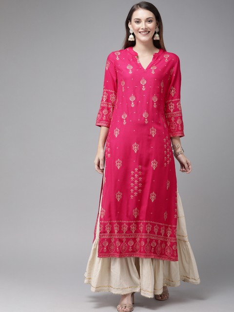 

Anouk Women Pink & Golden Printed Straight Kurta