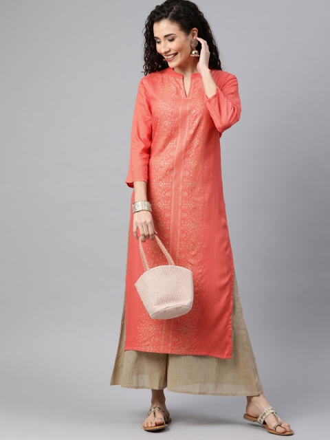 

Anouk Women Peach-Coloured & Gold-Toned Floral Printed Straight Kurta