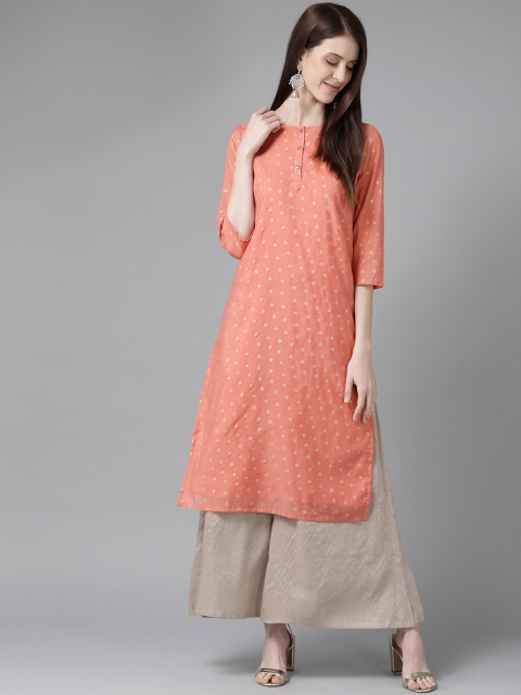 

Anouk Women Peach-Coloured & Golden Printed Straight Kurta