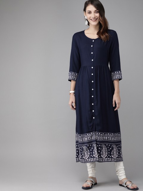 

Anouk Women Navy Blue & White Printed Straight Kurta