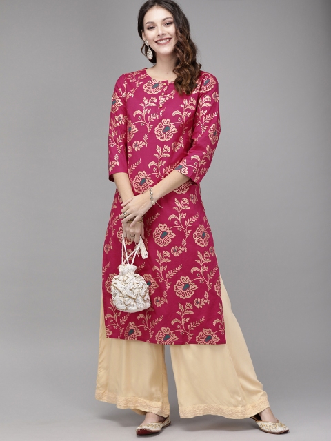 

Anouk Women Pink & Gold-Toned Floral Printed Straight Kurta