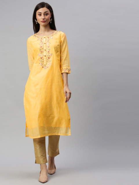 

Anouk Women Mustard Yellow Yoke Design Straight Kurta