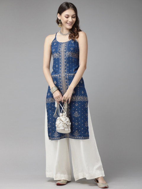 

Anouk Women Teal Blue & Gold-Coloured Printed Straight Kurta