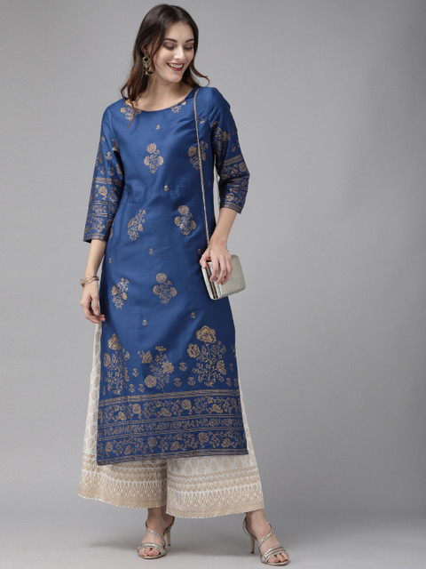 

Anouk Women Navy Blue & Gold-Coloured Floral Printed Straight Kurta