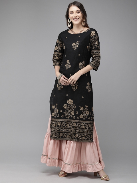 

Anouk Women Black & Gold-Toned Floral Printed Straight Kurta