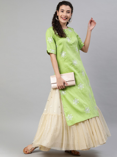 

Anouk Women Green & Silver-Toned Foil Printed Straight Kurta