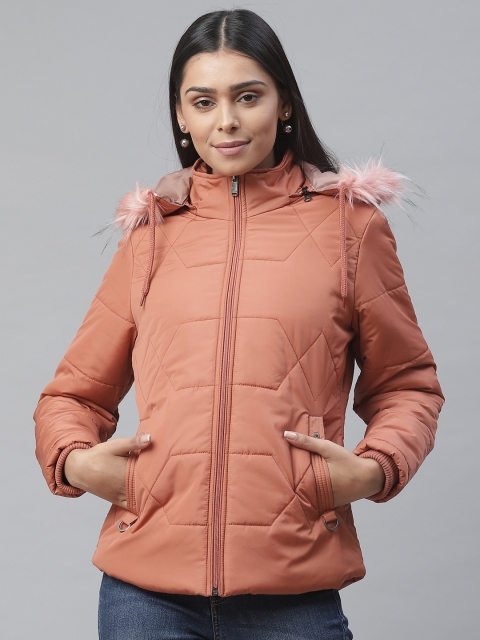 

Foreign Culture By Fort Collins Women Peach-Coloured Detachable Hood Solid Parka Jacket