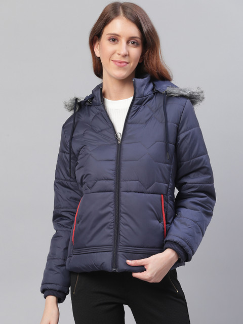 

Foreign Culture By Fort Collins Women Navy Blue Solid Hooded Lightweight Parka Jacket