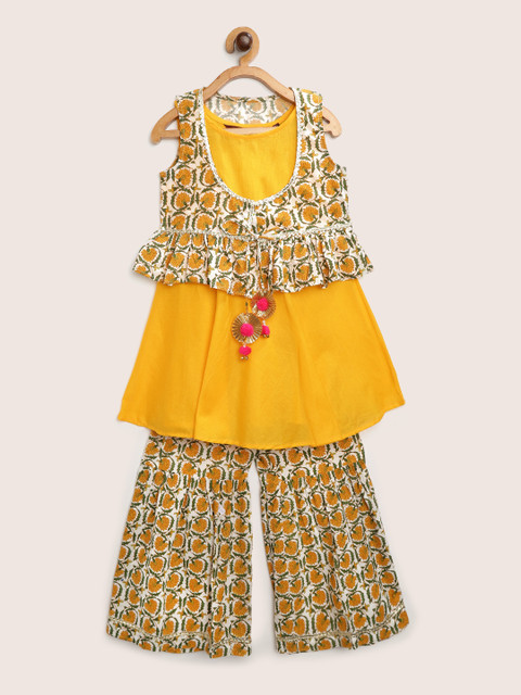 

Sangria Girls Yellow & Green Floral Print Handloom Pure Cotton Kurta Set with Jacket