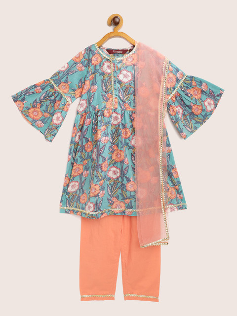 

Sangria Girls Blue & Peach-Coloured Handloom Floral Print Cotton Kurta Set with Dupatta