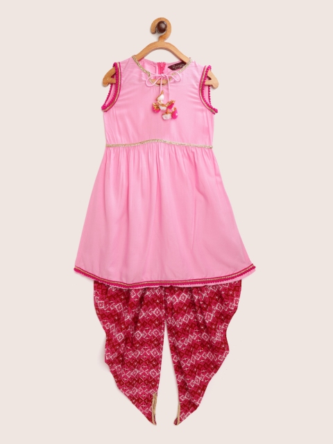 

Sangria Girls Pink Handloom Solid Pure Cotton Kurta with Ethnic Print Dhoti Pants