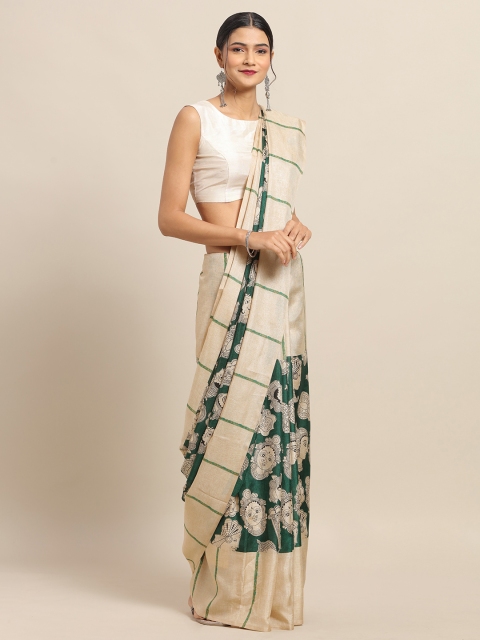 

VASTRANAND Beige & Teal Linen Blend Printed Chanderi Saree