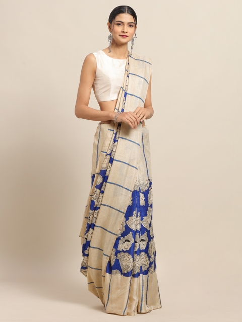 

VASTRANAND Beige & Blue Linen Blend Printed Chanderi Saree