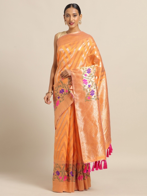 

VASTRANAND Orange & Golden Silk Cotton Woven Design Banarasi Saree