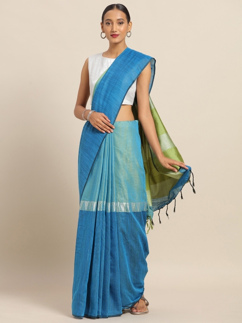 

VASTRANAND Turquoise Blue & Green Linen Blend Colourblocked Banarasi Saree