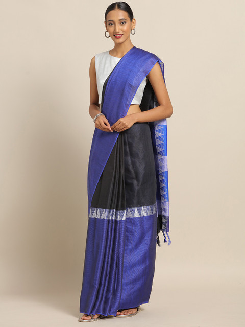 

VASTRANAND Blue & Black Linen Blend Colourblocked Banarasi Saree