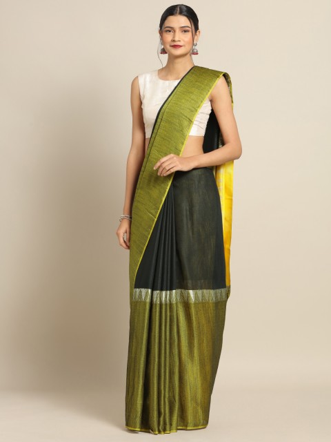 

VASTRANAND Green & Black Linen Blend Colourblocked Saree