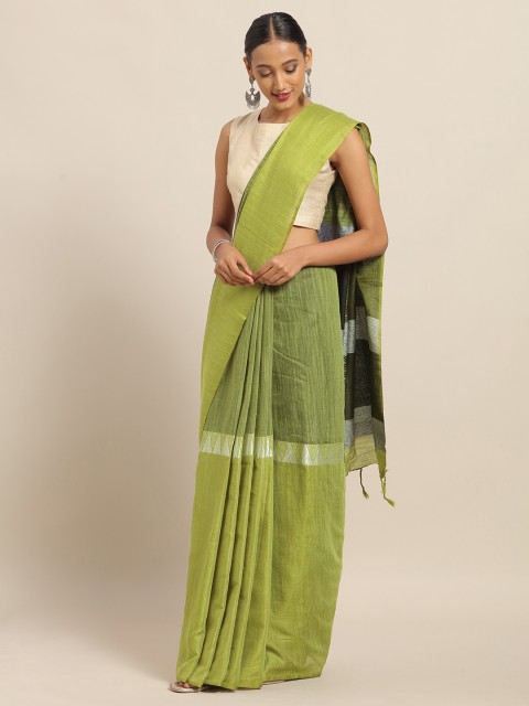 

VASTRANAND Green Linen Blend Solid Banarasi Saree