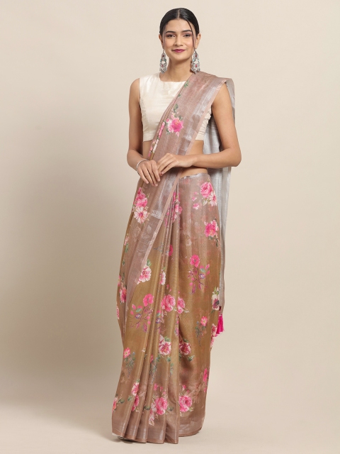 

VASTRANAND Brown & Pink Linen Blend Printed Saree